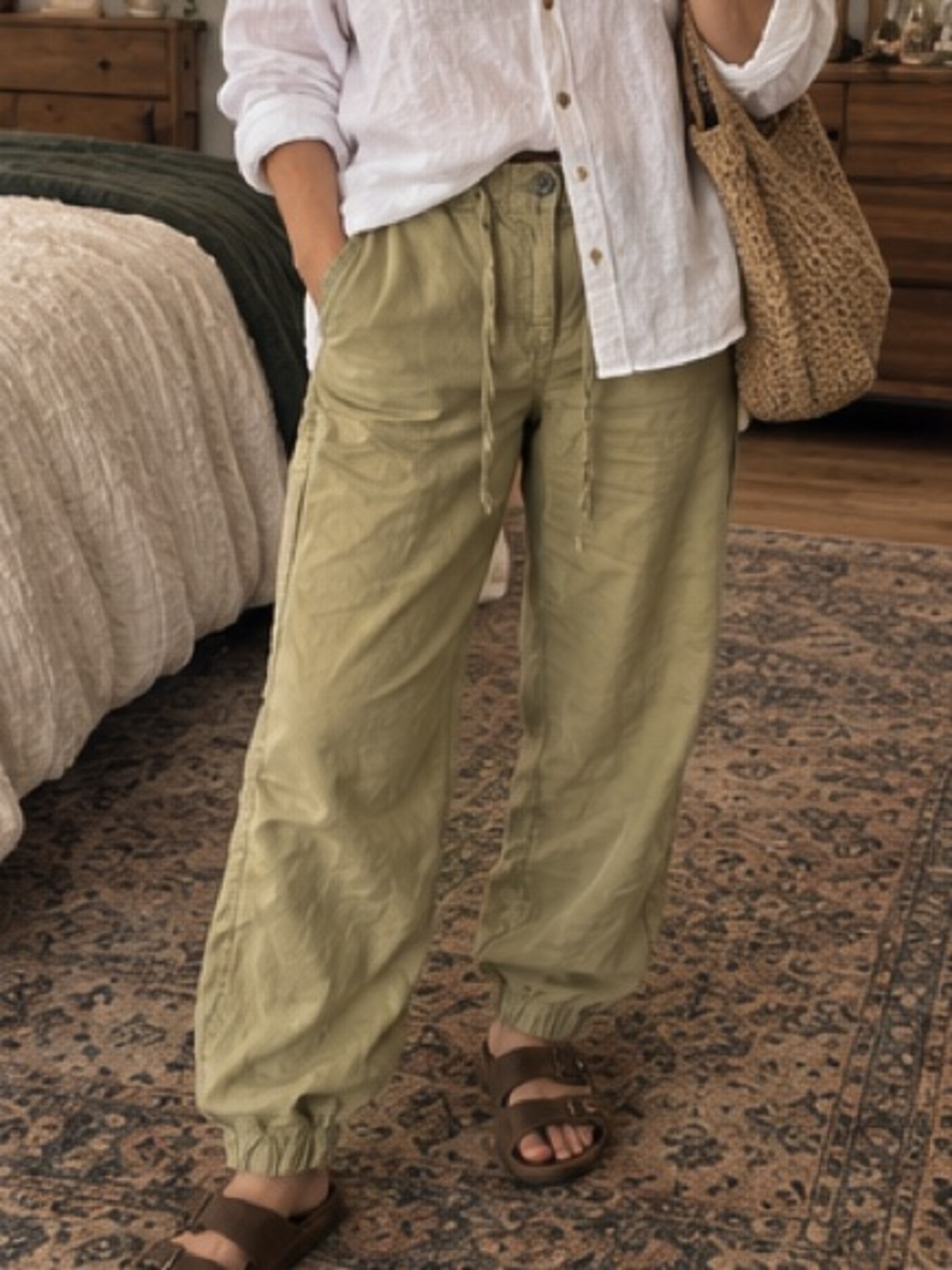 Zara Khaki Green Linen Cargo Jogger Pants Size L